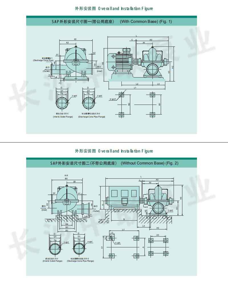 SAP型水平中開(kāi)雙吸泵外形安裝圖